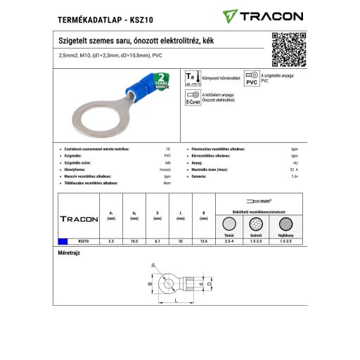 KSZ10 Szigetelt szemes saru, ónozott elektrolitréz, kék2,5mm2, M10, (d1=2,3mm, d2=10,5mm), PVC