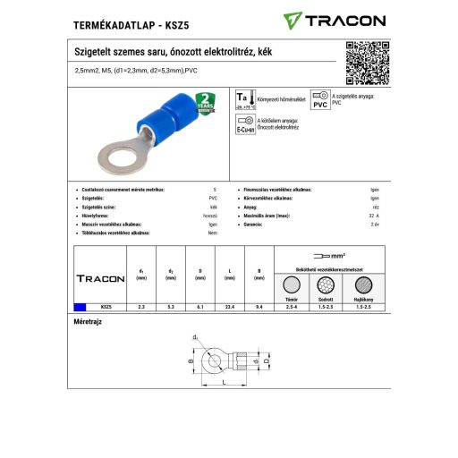 KSZ5 Szigetelt szemes saru, ónozott elektrolitréz, kék2,5mm2, M5, (d1=2,3mm, d2=5,3mm),PVC