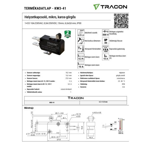 KW3-41 KW3-41 Helyzetkapcsoló, mikro, karos-görgős1×CO 10A/230VAC, 0,3A/250VDC, 15mm, 6,3x0,8 mm, IP00
