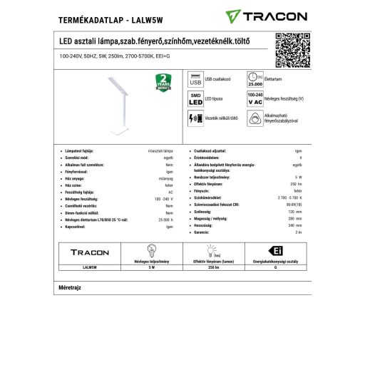 LALW5W LED asztali lámpa,szab.fényerő,színhőm,vezetéknélk.töltő100-240V, 50HZ, 5W, 250lm, 2700-5700K