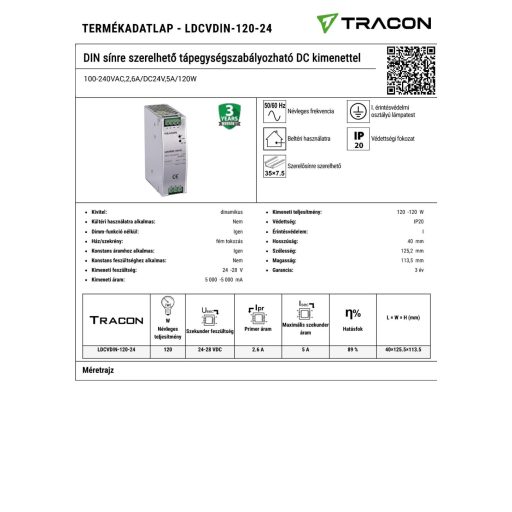 LDCVDIN-120-24 DIN sínre szerelhető tápegységszabályozható DC kimenettel 100-240VAC,2,6A/DC24V,5A/12