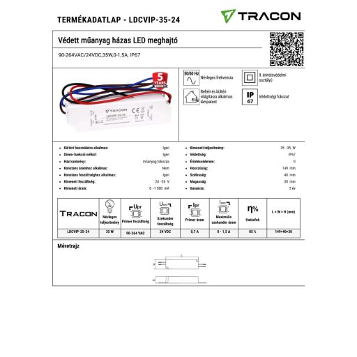 LDCVIP-35-24 Védett műanyag házas LED meghajtó 90-264VAC/24VDC,35W,0-1,5A, IP67