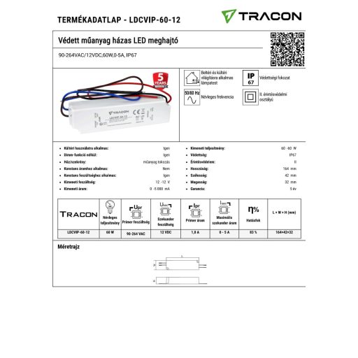 LDCVIP-60-12 Védett műanyag házas LED meghajtó 90-264VAC/12VDC,60W,0-5A, IP67