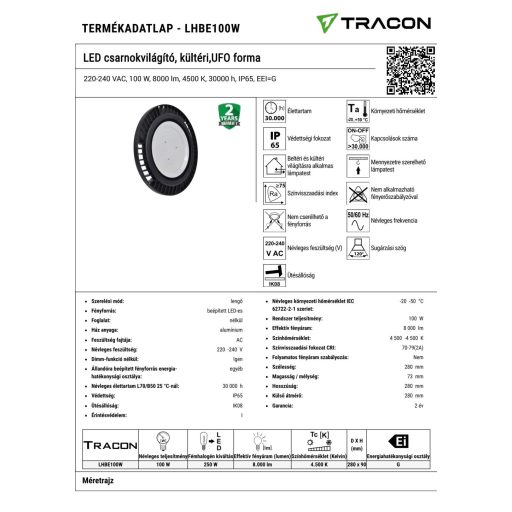 LHBE100W LED csarnokvilágító, kültéri,UFO forma220-240 VAC, 100 W, 8000 lm, 4500 K, 30000 h, IP65, E