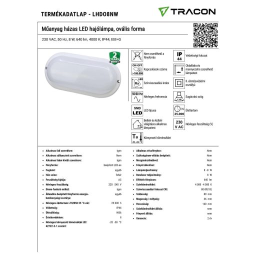 LHDO8NW Műanyag házas LED hajólámpa, ovális forma230 VAC, 50 Hz, 8 W, 640 lm, 4000 K, IP44, EEI=G