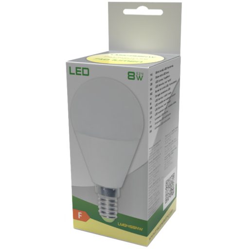 LMG458NW Gömb burájú LED fényforrás230 V, 50 Hz, E14, 8 W, 710 lm,200°, 4000 K, EEI=F