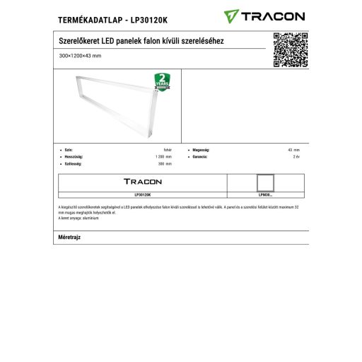 LP30120K Szerelőkeret LED panelek falon kívüli szereléséhez300×1200×43 mm