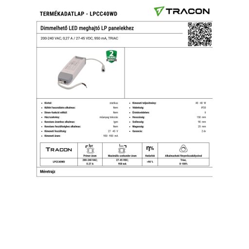 LPCC40WD Dimmelhető LED meghajtó LP panelekhez200-240 VAC, 0,27 A / 27-45 VDC, 950 mA, TRIAC