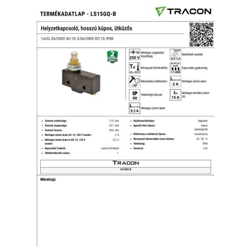 LS15GQ-B Helyzetkapcsoló, hosszú kúpos, ütküzős1xCO, 2A/230V AC-15, 0,3A/250V DC-13, IP00