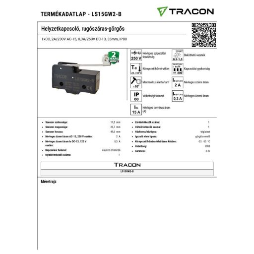 LS15GW2-B Helyzetkapcsoló, rugószáras-görgős1xCO, 2A/230V AC-15, 0,3A/250V DC-13, 35mm, IP00