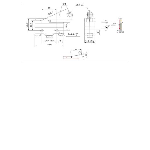 LS15GW2-B Helyzetkapcsoló, rugószáras-görgős1xCO, 2A/230V AC-15, 0,3A/250V DC-13, 35mm, IP00