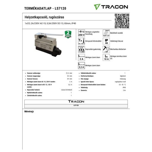 LS7120 Helyzetkapcsoló, rugószáras1xCO, 2A/230V AC-15, 0,3A/250V DC-13, 65mm, IP40