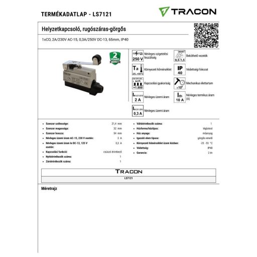 LS7121 Helyzetkapcsoló, rugószáras-görgős1xCO, 2A/230V AC-15, 0,3A/250V DC-13, 65mm, IP40