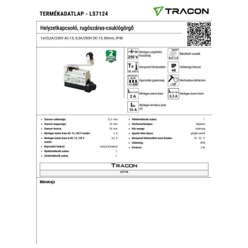 LS7124 Helyzetkapcsoló, rugószáras-csuklógörgő1xCO,2A/230V AC-15, 0,3A/250V DC-13, 65mm, IP40