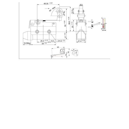 LS7124 Helyzetkapcsoló, rugószáras-csuklógörgő1xCO,2A/230V AC-15, 0,3A/250V DC-13, 65mm, IP40
