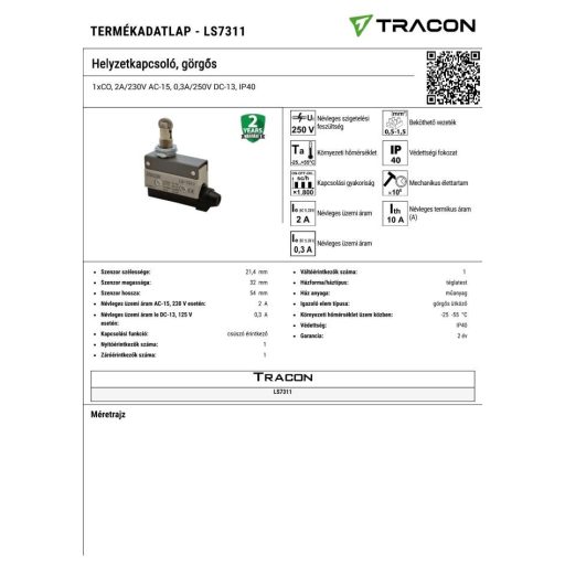 LS7311 Helyzetkapcsoló, görgős1xCO, 2A/230V AC-15, 0,3A/250V DC-13, IP40