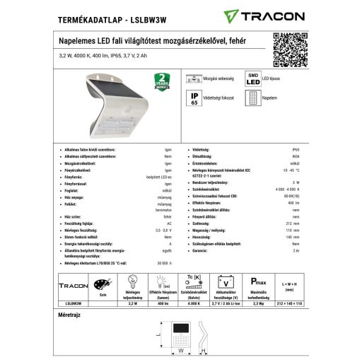 LSLBW3W Napelemes LED fali világítótest mozgásérzékelővel, fehér3,2 W, 4000 K, 400 lm, IP65, 3,7 V, 