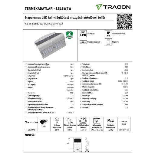LSLBW7W Napelemes LED fali világítótest mozgásérzékelővel, fehér6,8 W, 4000 K, 800 lm, IP65, 3,7 V, 