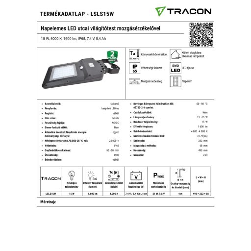 LSLS15W Napelemes LED utcai világítótest mozgásérzékelővel15 W, 4000 K, 1600 lm, IP65, 7,4 V, 5,4 Ah