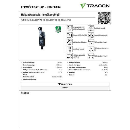 LSME8104 LSME8104 Helyzetkapcsoló, lengőkar-görgő1xNO+1xNC, 2A/230V AC-15, 0,3A/250V DC-13, 30mm, IP65