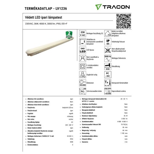 LV1236 Védett LED ipari lámpatest230VAC, 36W, 4000 K, 3000 lm, IP65, EEI=F