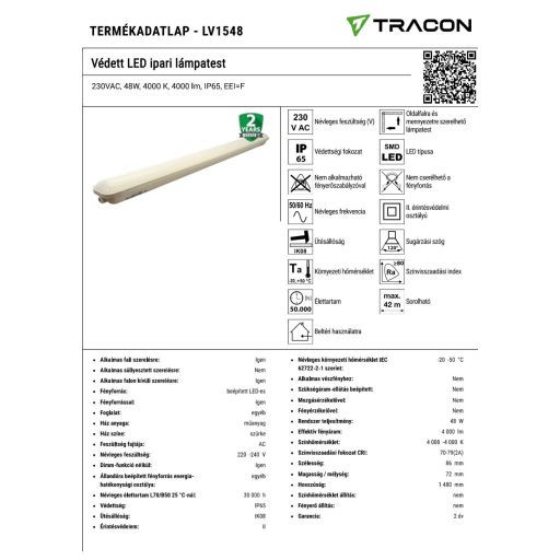 LV1548 Védett LED ipari lámpatest230VAC, 48W, 4000 K, 4000 lm, IP65, EEI=F