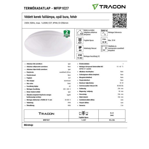 MFIP1E27 Védett kerek falilámpa, opál bura, fehér