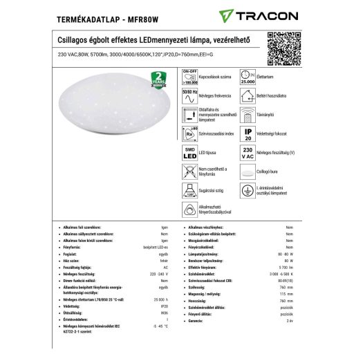 MFR80W Csillagos égbolt effektes LEDmennyezeti lámpa, vezérelhető230 VAC,80W, 5700lm, 3000/4000/6500
