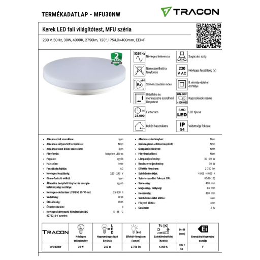 MFU30NW Kerek LED fali világítótest, MFU széria230 V, 50Hz, 30W, 4000K, 2750lm, 120°, IP54,D=400mm, 