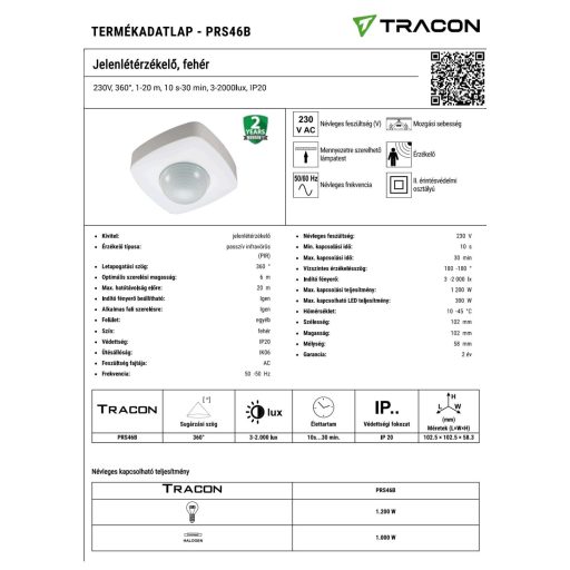 PRS46B PRS46B Jelenlétérzékelő, fehér230V, 360°, 1-20 m, 10 s-30 min, 3-2000lux, IP20