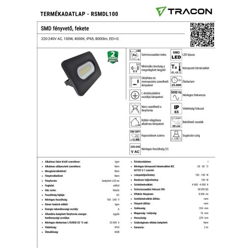 RSMDL100 SMD fényvető, fekete220-240V AC, 100W, 4000K, IP65, 8000lm, EEI=G