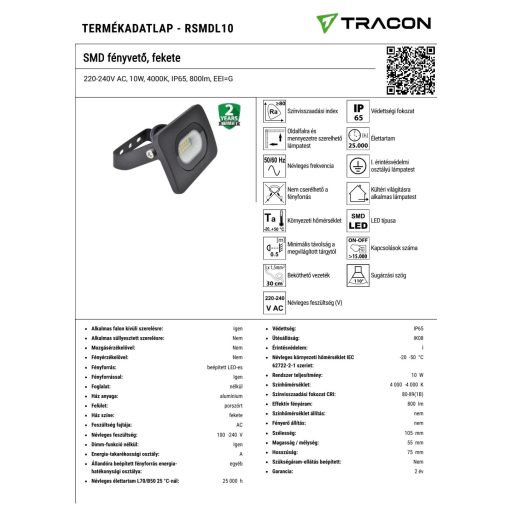 RSMDL10 SMD fényvető, fekete220-240V AC, 10W, 4000K, IP65, 800lm, EEI=G