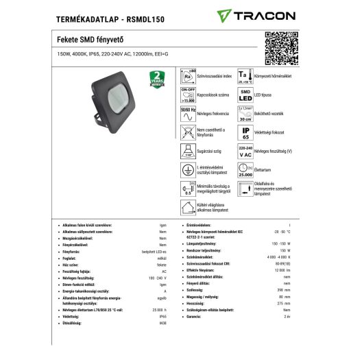 RSMDL150 Fekete SMD fényvető150W, 4000K, IP65, 220-240V AC, 12000lm, EEI=G