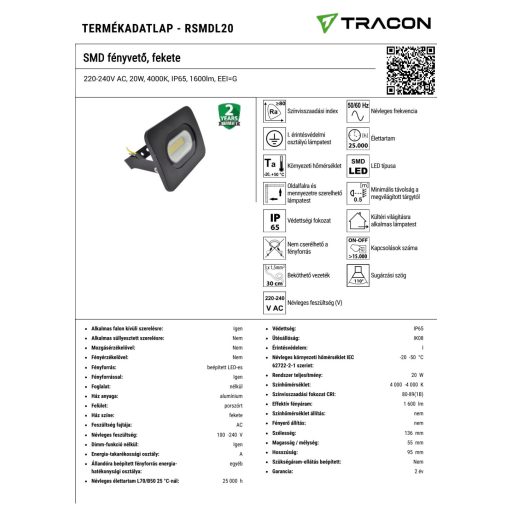 RSMDL20 SMD fényvető, fekete220-240V AC, 20W, 4000K, IP65, 1600lm, EEI=G