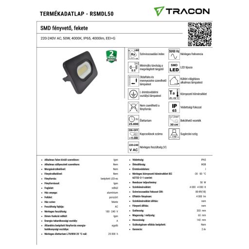 RSMDL50 SMD fényvető, fekete220-240V AC, 50W, 4000K, IP65, 4000lm, EEI=G