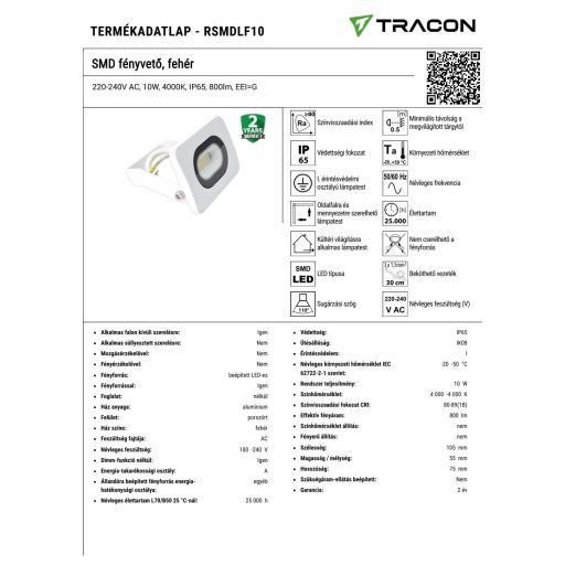 RSMDLF10 SMD fényvető, fehér220-240V AC, 10W, 4000K, IP65, 800lm, EEI=G