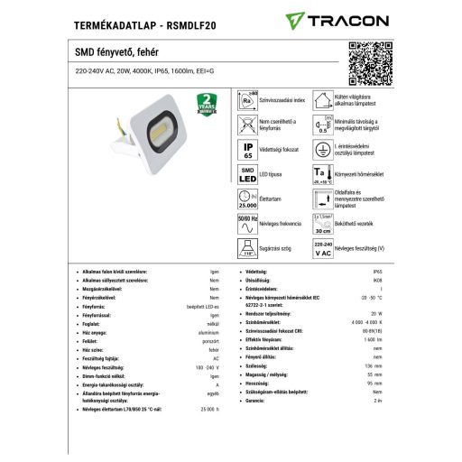 RSMDLF20 SMD fényvető, fehér220-240V AC, 20W, 4000K, IP65, 1600lm, EEI=G