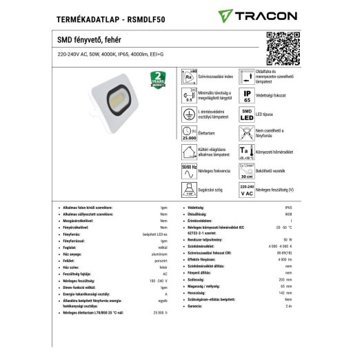 RSMDLF50 SMD fényvető, fehér220-240V AC, 50W, 4000K, IP65, 4000lm, EEI=G