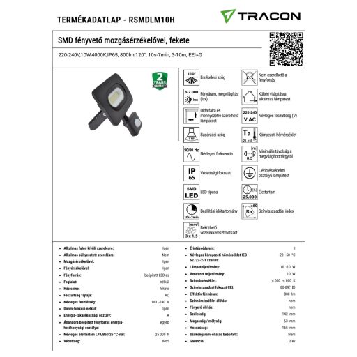 RSMDLM10H SMD fényvető mozgásérzékelővel, fekete220-240V,10W,4000K,IP65, 800lm,120°, 10s-7min, 3-10m