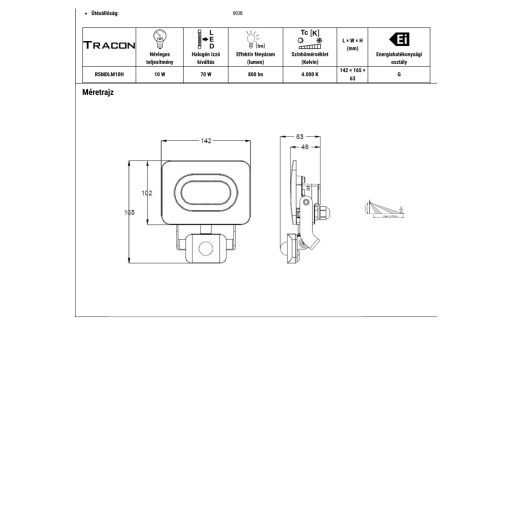 RSMDLM10H SMD fényvető mozgásérzékelővel, fekete220-240V,10W,4000K,IP65, 800lm,120°, 10s-7min, 3-10m
