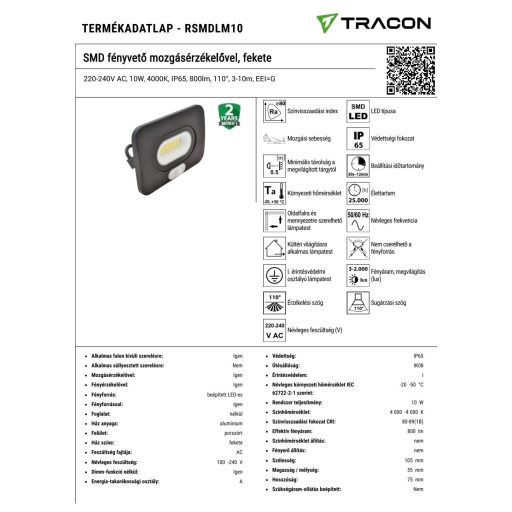 RSMDLM10 SMD fényvető mozgásérzékelővel, fekete220-240V AC, 10W, 4000K, IP65, 800lm, 110°, 3-10m, EE