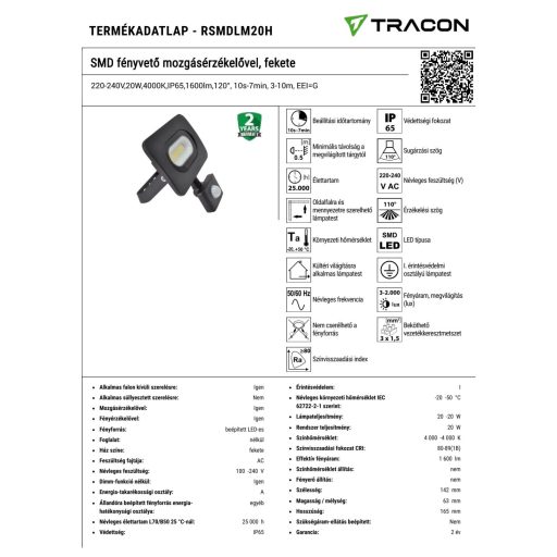 RSMDLM20H SMD fényvető mozgásérzékelővel, fekete220-240V,20W,4000K,IP65,1600lm,120°, 10s-7min, 3-10m