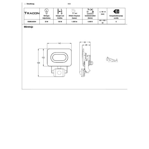 RSMDLM20H SMD fényvető mozgásérzékelővel, fekete220-240V,20W,4000K,IP65,1600lm,120°, 10s-7min, 3-10m