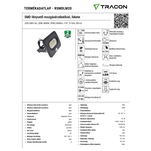 RSMDLM20 SMD fényvető mozgásérzékelővel, fekete220-240V AC, 20W, 4000K, IP65,1600lm, 110°, 3-10m, EE