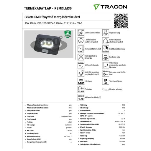 RSMDLM30 Fekete SMD fényvető mozgásérzékelővel30W, 4000K, IP65, 220-240V AC, 2700lm, 110°, 3-10m, EE