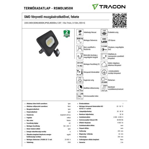 RSMDLM50H SMD fényvető mozgásérzékelővel, fekete220-240V,50W,4000K,IP65,4000lm,120°, 10s-7min, 3-10m