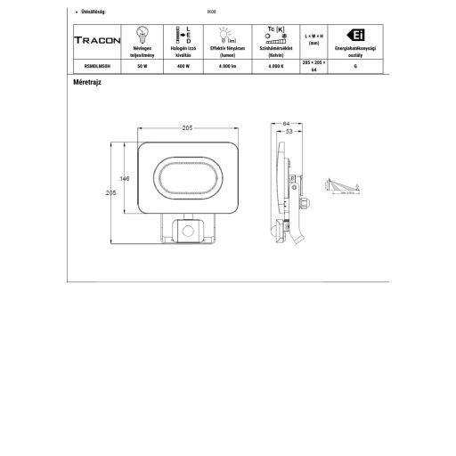 RSMDLM50H SMD fényvető mozgásérzékelővel, fekete220-240V,50W,4000K,IP65,4000lm,120°, 10s-7min, 3-10m