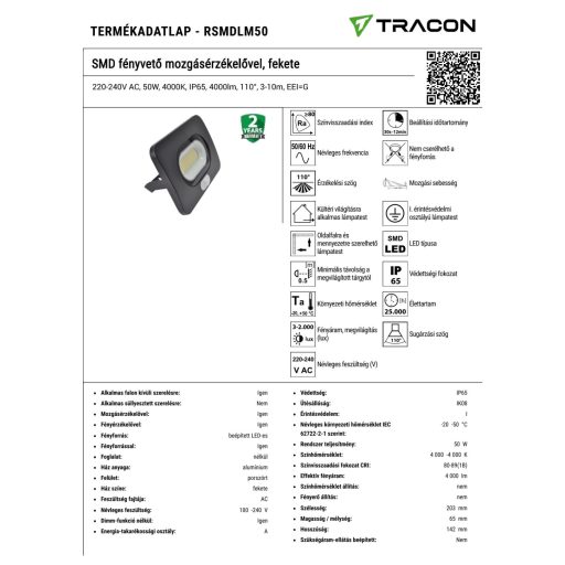 RSMDLM50 SMD fényvető mozgásérzékelővel, fekete220-240V AC, 50W, 4000K, IP65, 4000lm, 110°, 3-10m, E