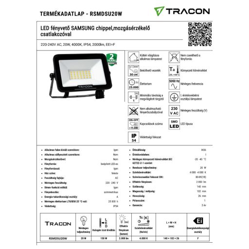 RSMDSU20W LED fényvető SAMSUNG chippel,mozgásérzékelő csatlakozóval 220-240V AC, 20W, 4000K, IP54, 2
