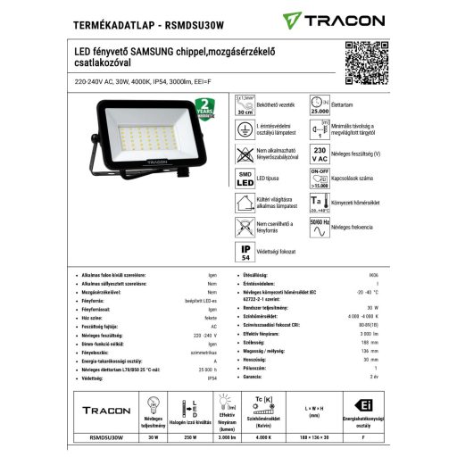 RSMDSU30W LED fényvető SAMSUNG chippel,mozg.érz.csatl.  220-240V AC, 30W, 4000K, IP54, 3000lm, EEI=F